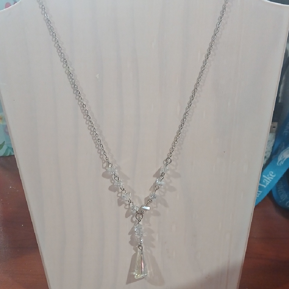 Silver Crystal Drop Y Necklace - Clear